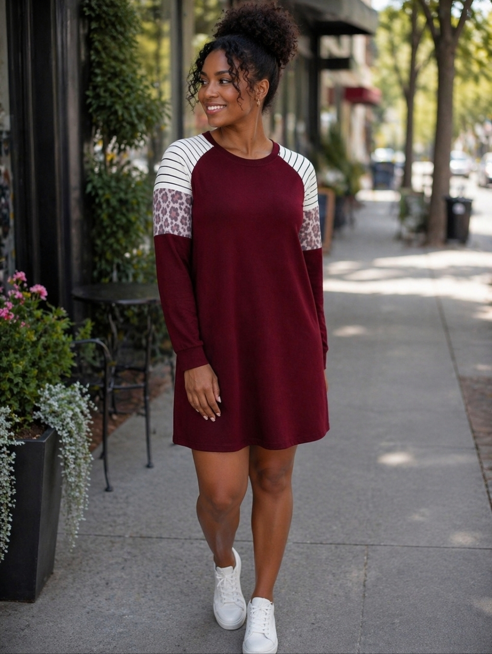 Leopard Sleeve Burgundy Comfy Long Sleeve Mini Dress Casual Spring Look
